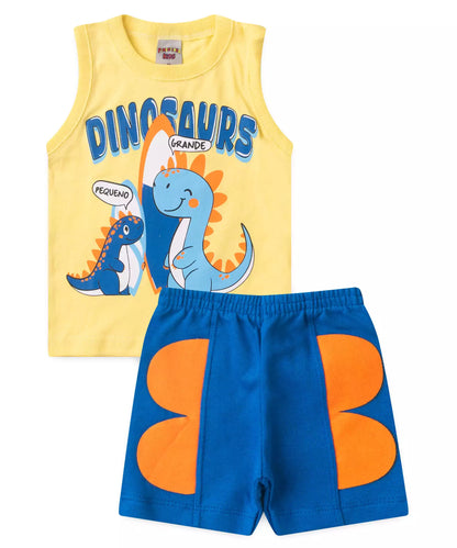 Conjunto Curto Bebê Menino Pequenos Dinossauros Amarelo