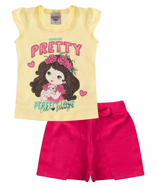 Conjunto Curto Infantil Feminino Bonequinha Amarelo