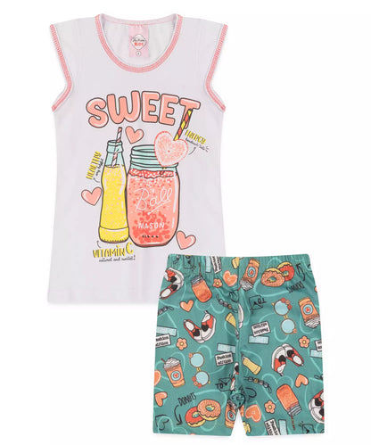 Conjunto Curto Infantil Feminino Branco Estampado