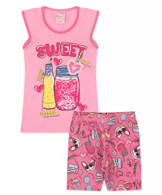Conjunto Curto Infantil Feminino Rosa Estampado