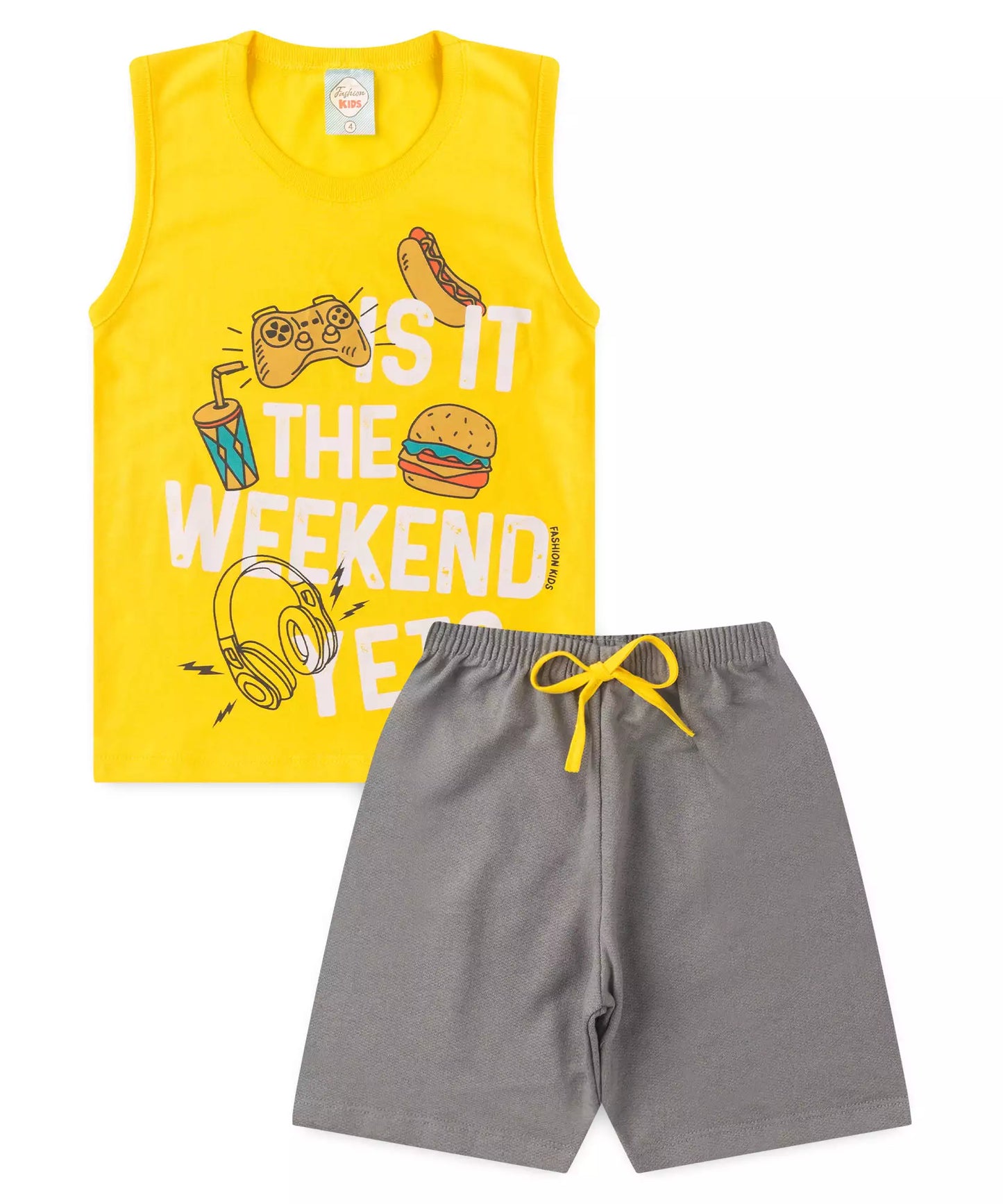 Conjunto Curto Infantil Masculino Amarelo Estampado