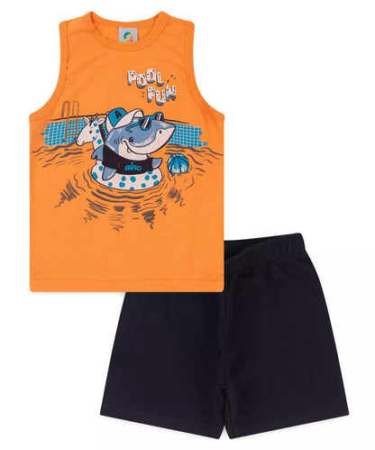 Conjunto Curto Infantil para Menino Tubarão Divertido Laranja