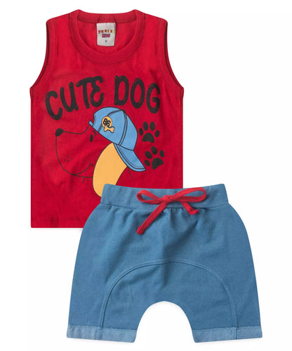 Conjunto Curto para Bebê Menino Cachorro Vermelho