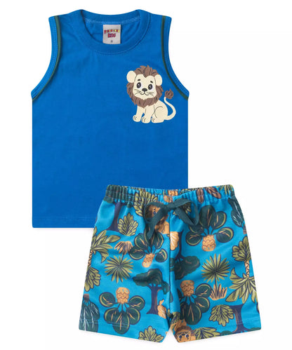 Conjunto Curto para Bebê Menino Leãozinho do Safari Marinho