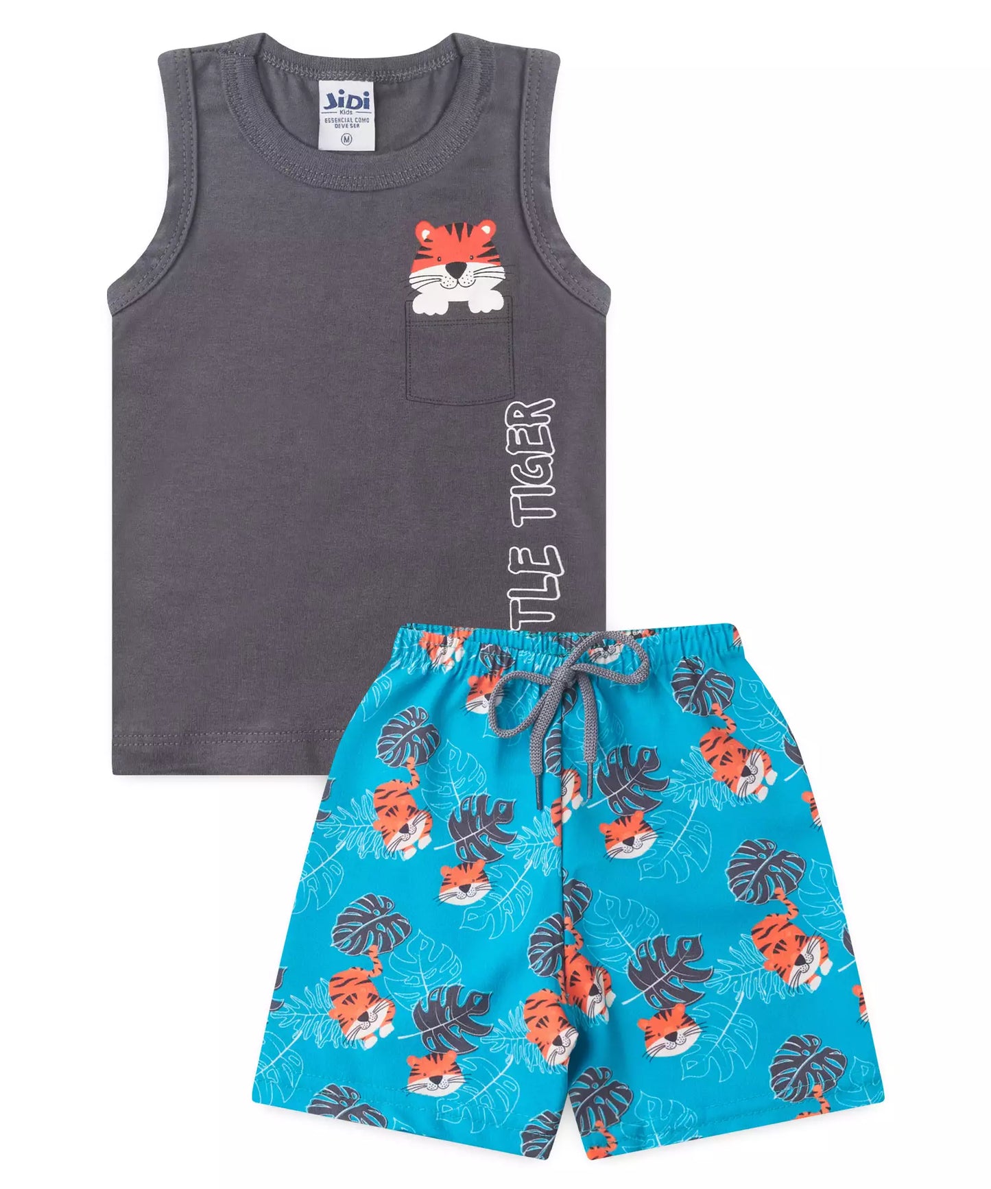 Conjunto Curto para Bebê Menino Tigrinho Chumbo