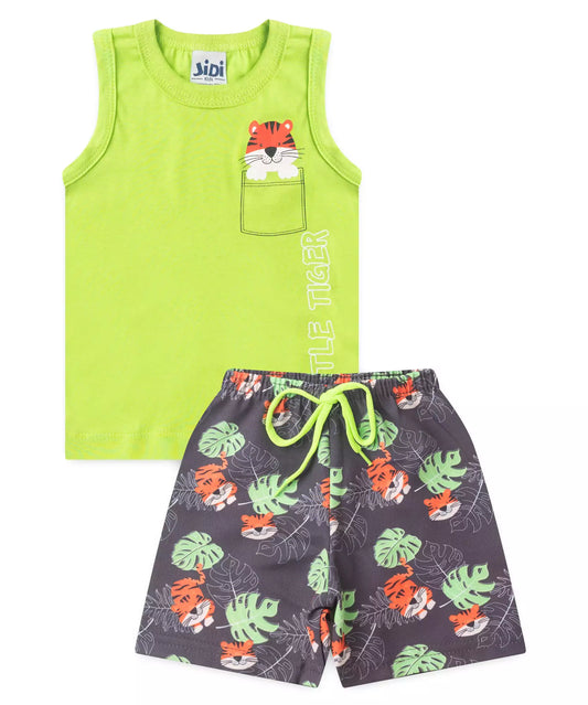 Conjunto Curto para Bebê Menino Tigrinho Verde