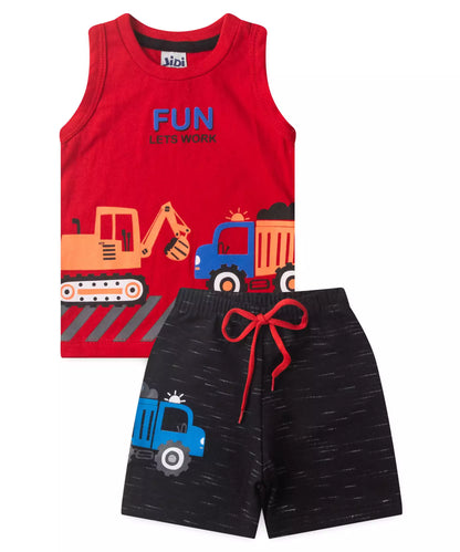 Conjunto Curto para Bebê Menino Trator Vermelho