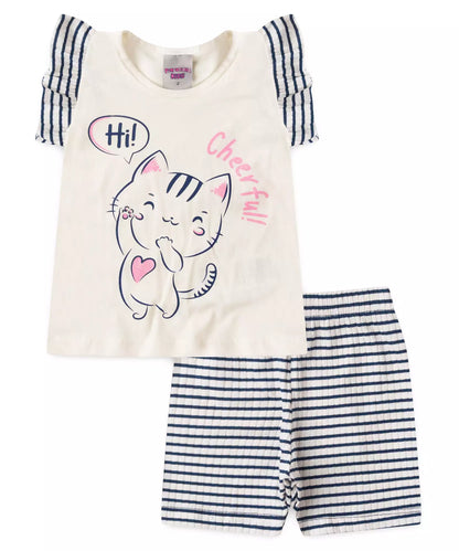 Conjunto Curto para Menina Gatinho em Marfim