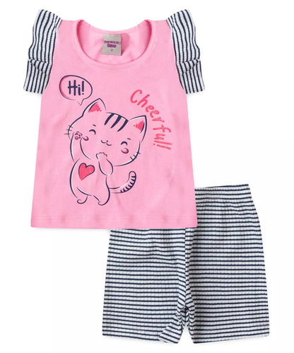 Conjunto Curto para Menina Gatinho em Rosa