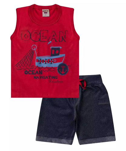 Conjunto Curto para Menino Barco Vermelho