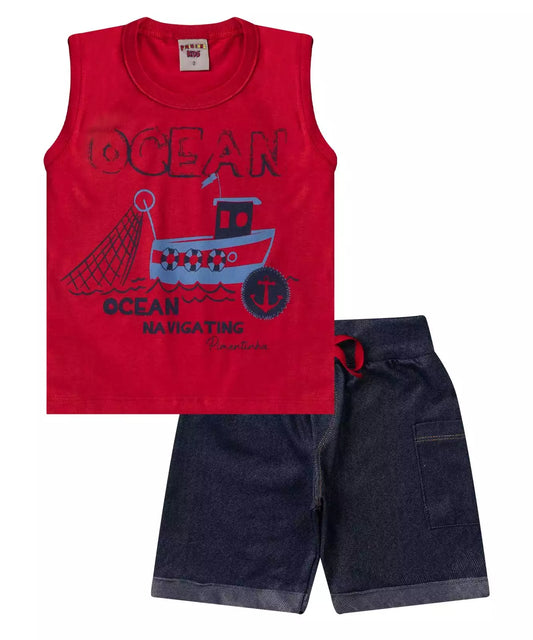 Conjunto Curto para Menino Barco Vermelho