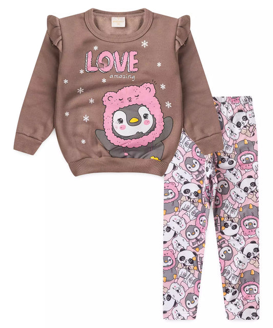 Conjunto de Frio para Bebê Menina Pinguim Marrom