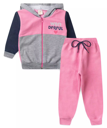 Conjunto de Frio para Menina Estampado com Capuz Rosa