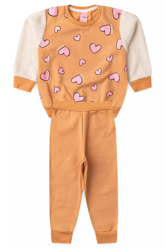 Conjunto de Inverno Infantil Menina Coração Encantado Laranja