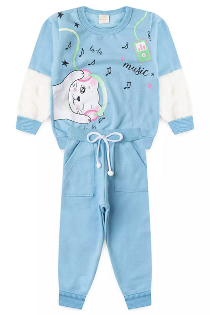 Conjunto de Inverno Infantil Menina Gatinha Musical Azul