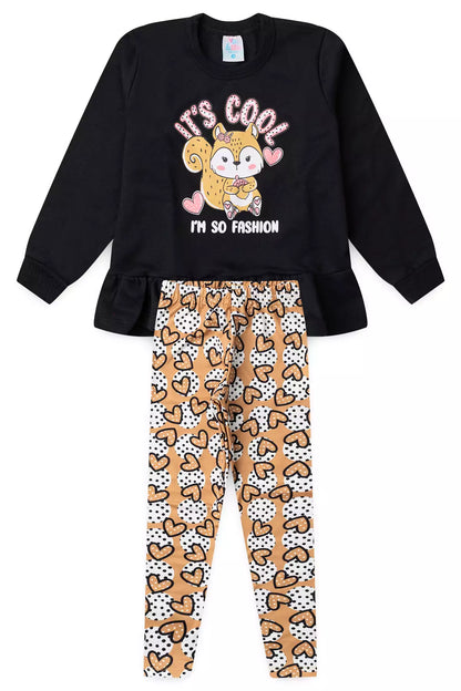Conjunto de Inverno Infantil Menina Raposa Fashion Preto