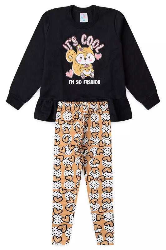 Conjunto de Inverno Infantil Menina Raposa Fashion Preto