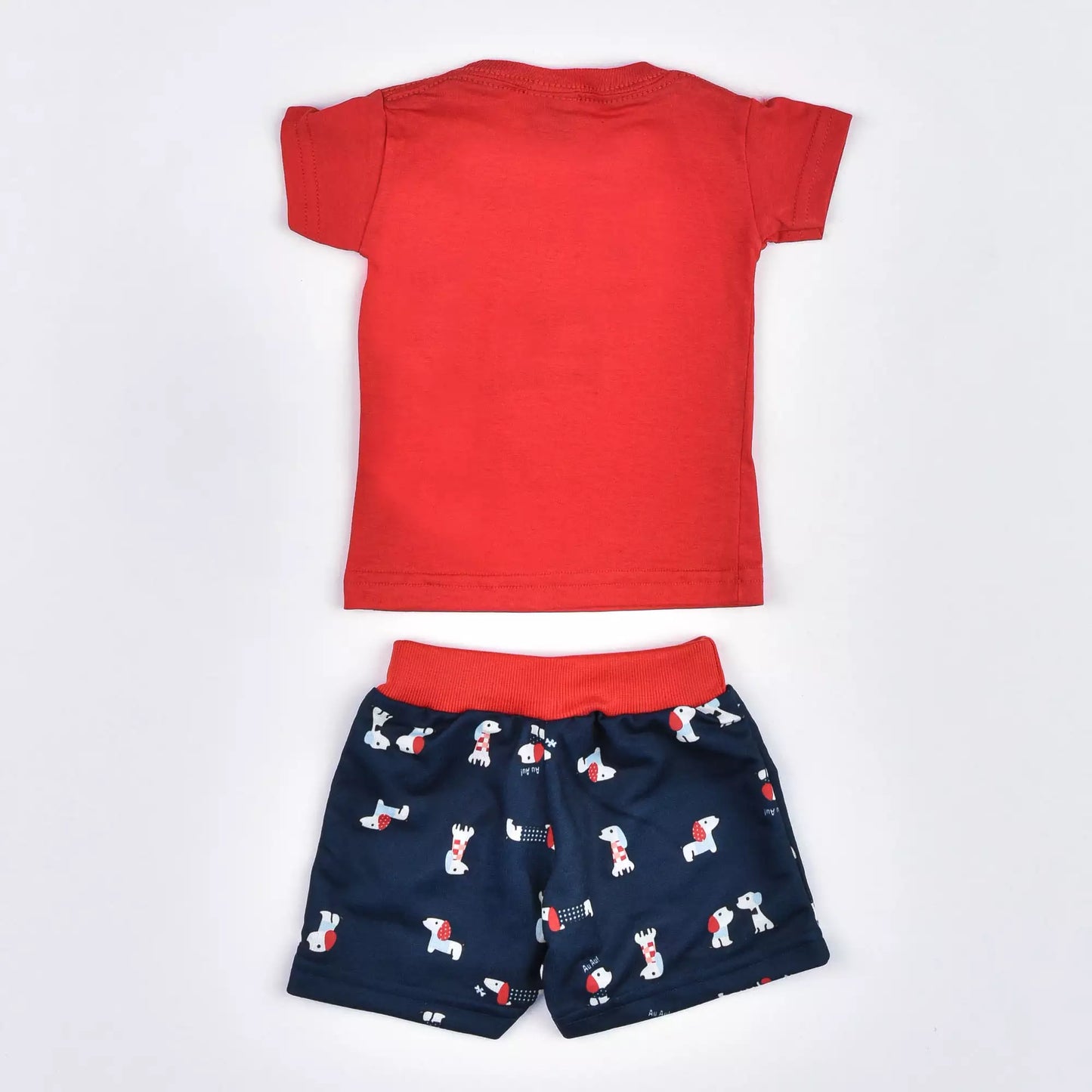 Conjunto de Verão Bebê Menino Blusa Vermelha Cachorrinho e Short Marinho