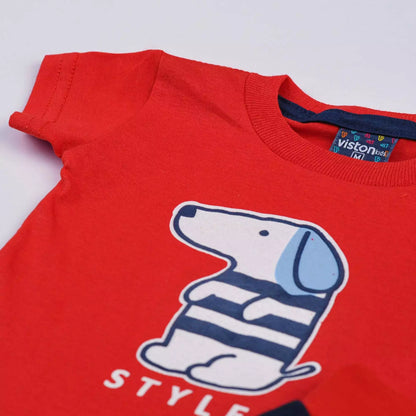 Conjunto de Verão Bebê Menino Blusa Vermelha Cachorrinho e Short Marinho