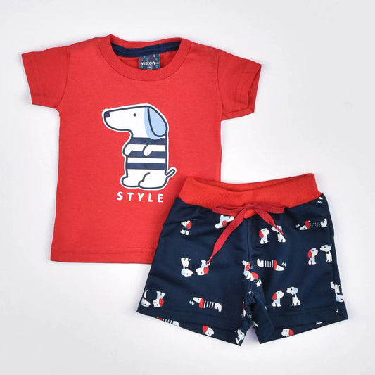 Conjunto de Verão Bebê Menino Blusa Vermelha Cachorrinho e Short Marinho
