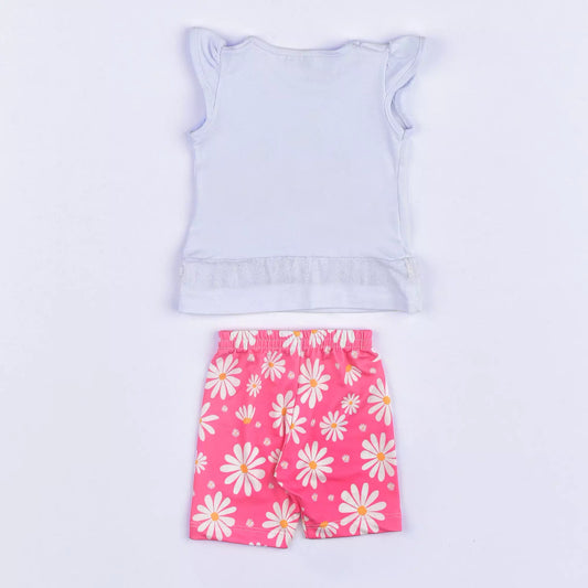 Conjunto de Verão Bebê Menina Blusa Bata Branca Picolé e Short Ciclista Rosa Floral
