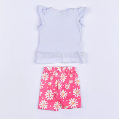 Conjunto de Verão Bebê Menina Blusa Bata Branca Picolé e Short Ciclista Rosa Floral