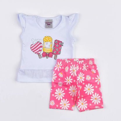 Conjunto de Verão Bebê Menina Blusa Bata Branca Picolé e Short Ciclista Rosa Floral