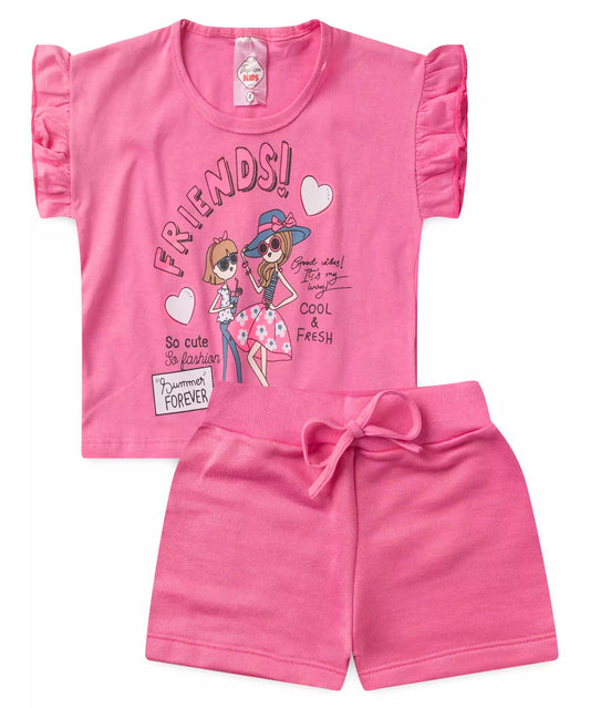 Conjunto de Verão Infantil Feminino Bonequinhas Rosa