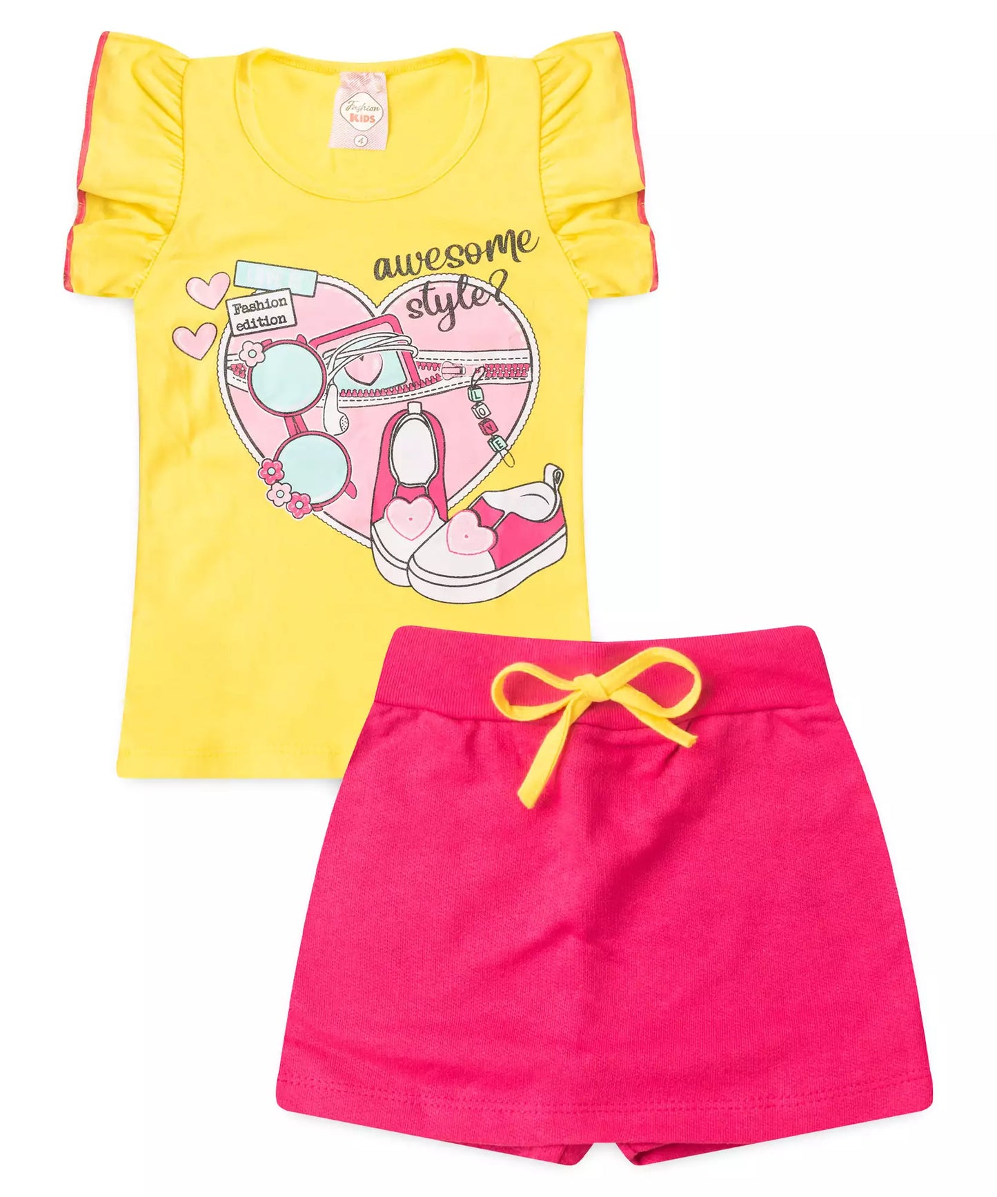 Conjunto de Verão Infantil Feminino Corações Amarelo