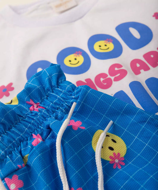 Conjunto de Verão Infantil Feminino Emojis Branco