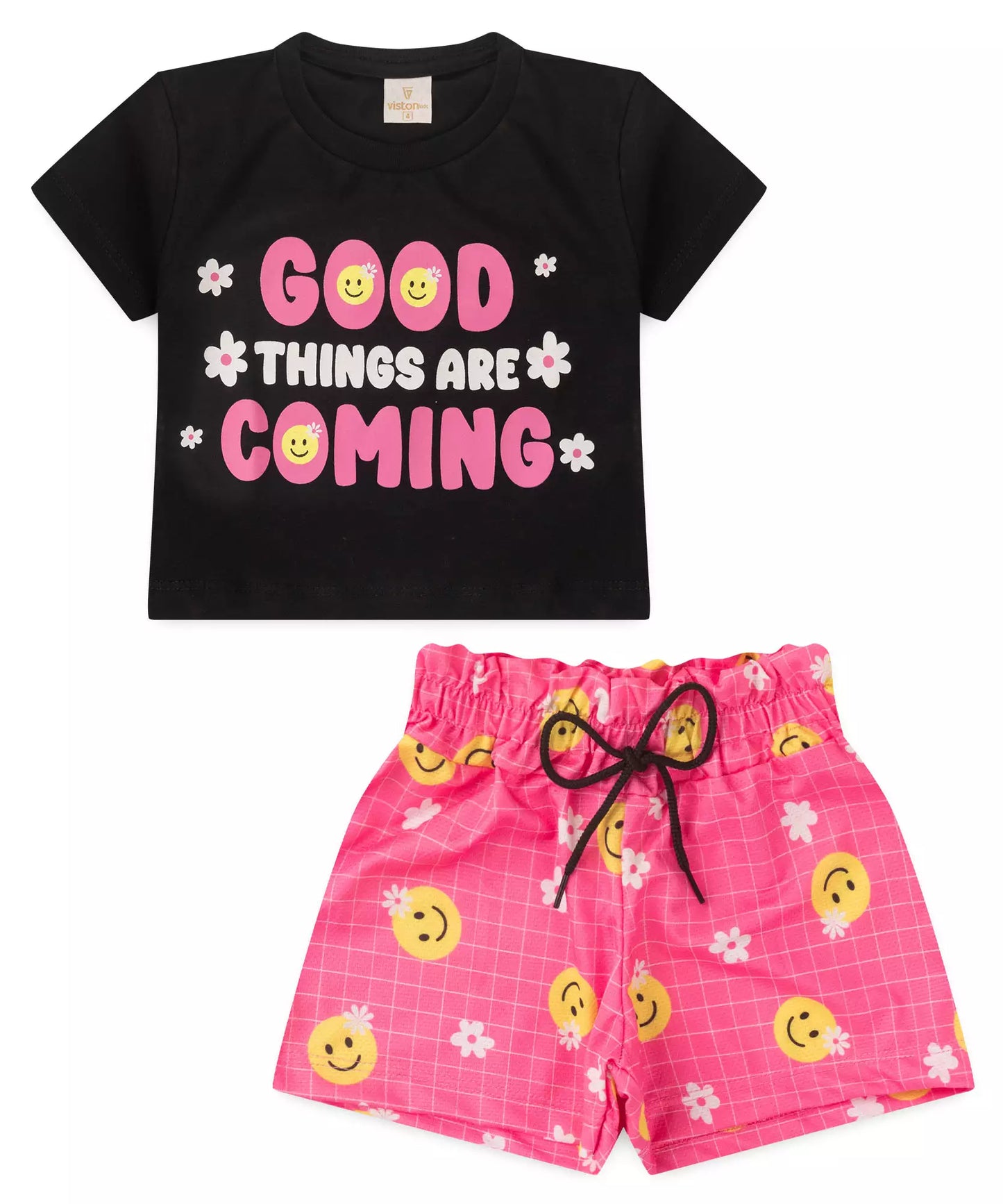 Conjunto de Verão Infantil Feminino Emojis Preto