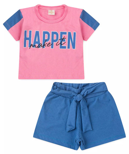 Conjunto de Verão Infantil Feminino Rosa Estampado