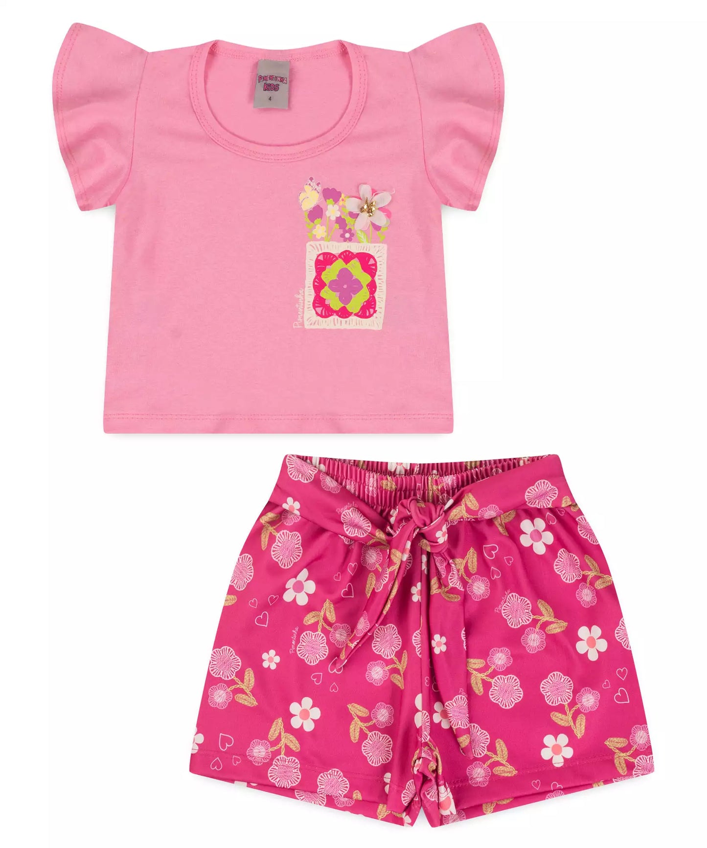 Conjunto de Verão Infantil Feminino Floral Rosa