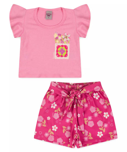 Conjunto de Verão Infantil Feminino Floral Rosa