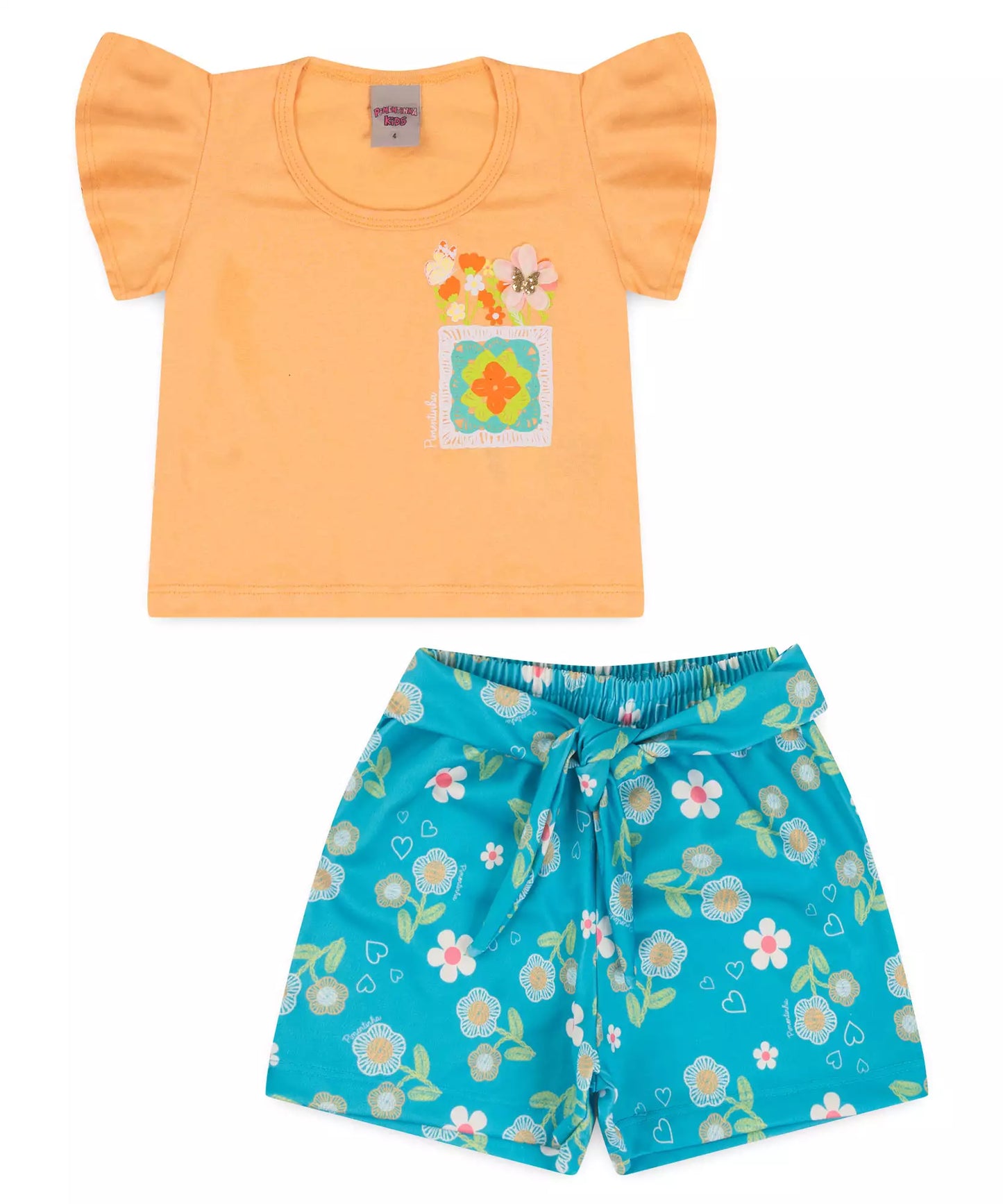 Conjunto de Verão Infantil Feminino Floral Salmão