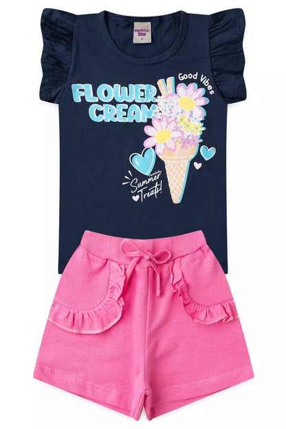 Conjunto de Verão Infantil Feminino Florzinhas Marinho
