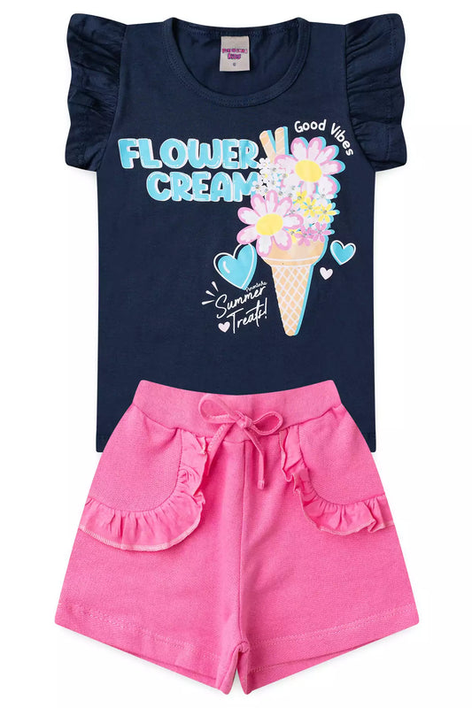 Conjunto de Verão Infantil Feminino Florzinhas Marinho