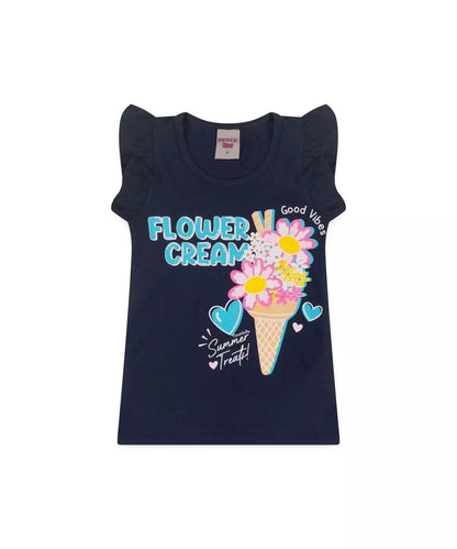 Conjunto de Verão Infantil Feminino Florzinhas Marinho