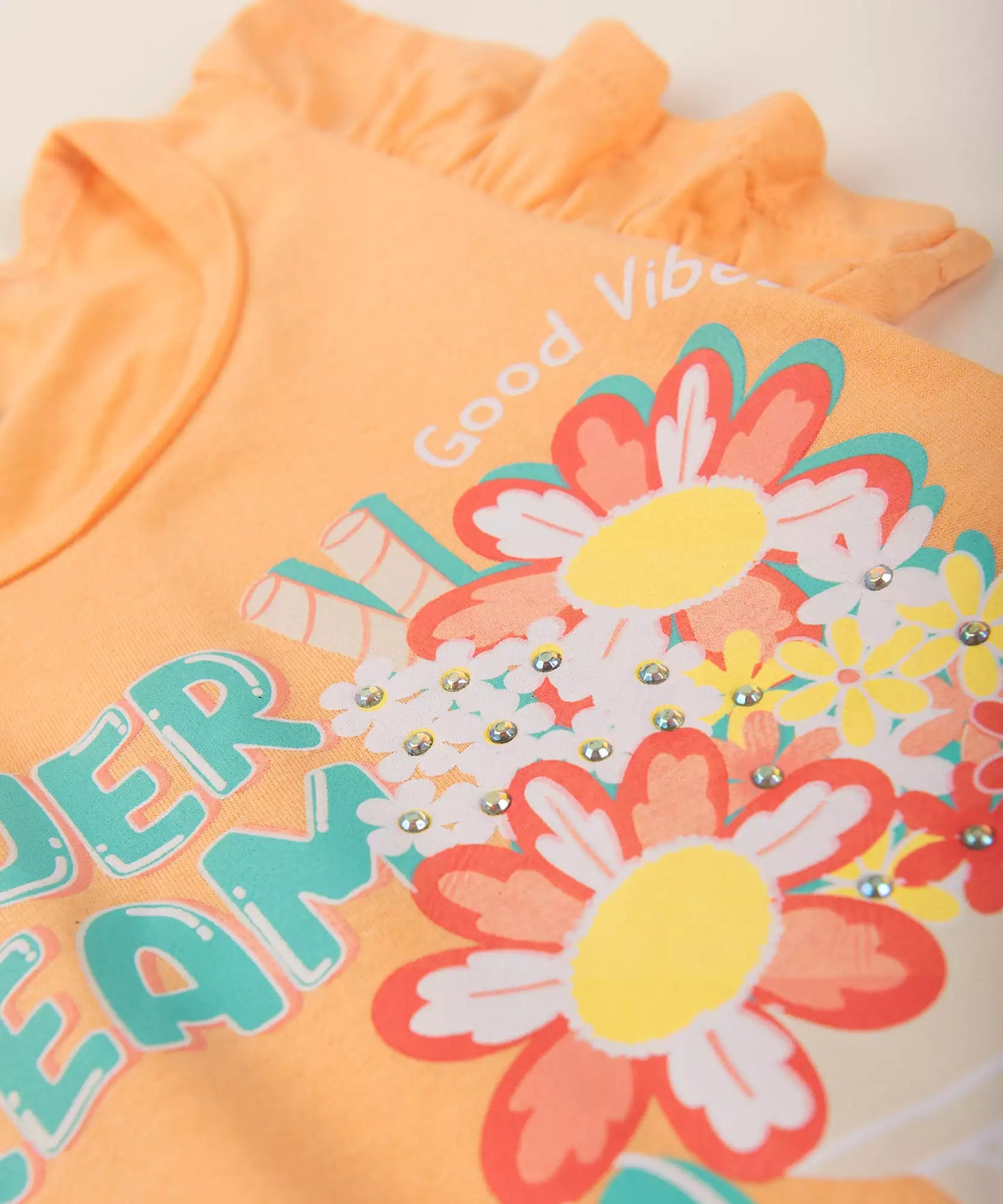 Conjunto de Verão Infantil Feminino Florzinhas Salmão