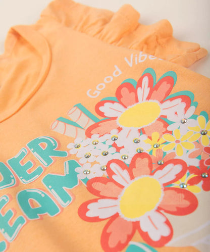 Conjunto de Verão Infantil Feminino Florzinhas Salmão