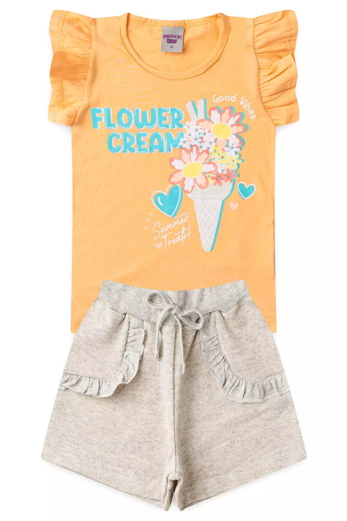Conjunto de Verão Infantil Feminino Florzinhas Salmão