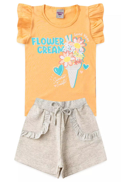 Conjunto de Verão Infantil Feminino Florzinhas Salmão