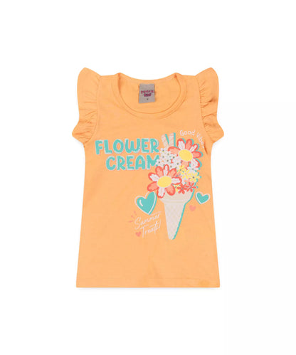 Conjunto de Verão Infantil Feminino Florzinhas Salmão