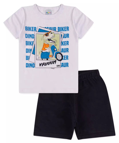 Conjunto de Verão Infantil Masculino Dinossauro no Branco