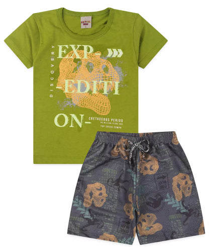 Conjunto de Verão Infantil Masculino Dinossauro cor Verde