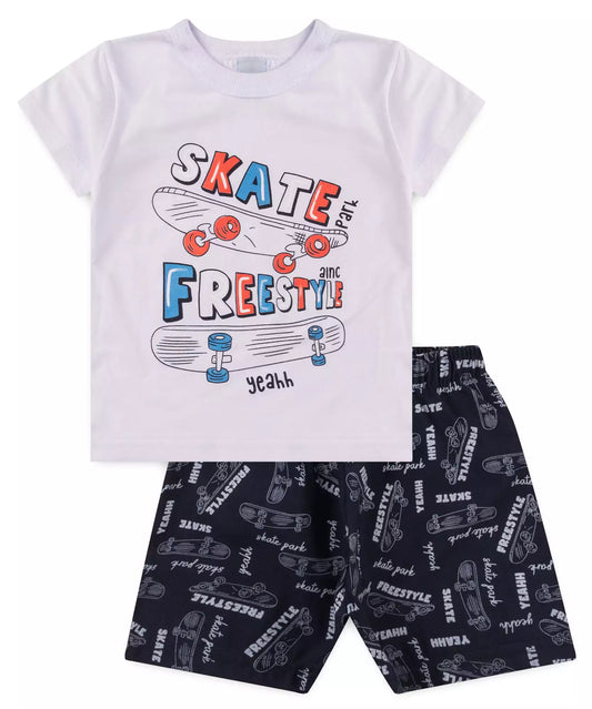 Conjunto de Verão Infantil Masculino Estampado em Branco
