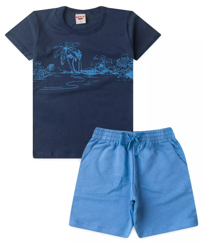 Conjunto de Verão Infantil Masculino no Estampado no Marinho