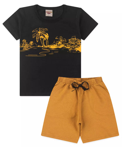 Conjunto de Verão Infantil Masculino no Preto Estampado