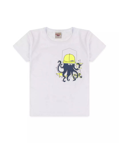 Conjunto de Verão Infantil Masculino Polvo Branco