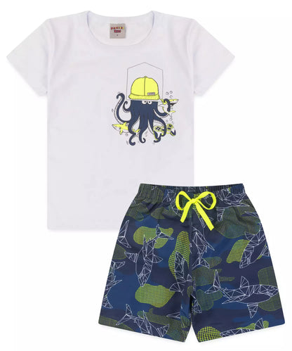 Conjunto de Verão Infantil Masculino Polvo Branco